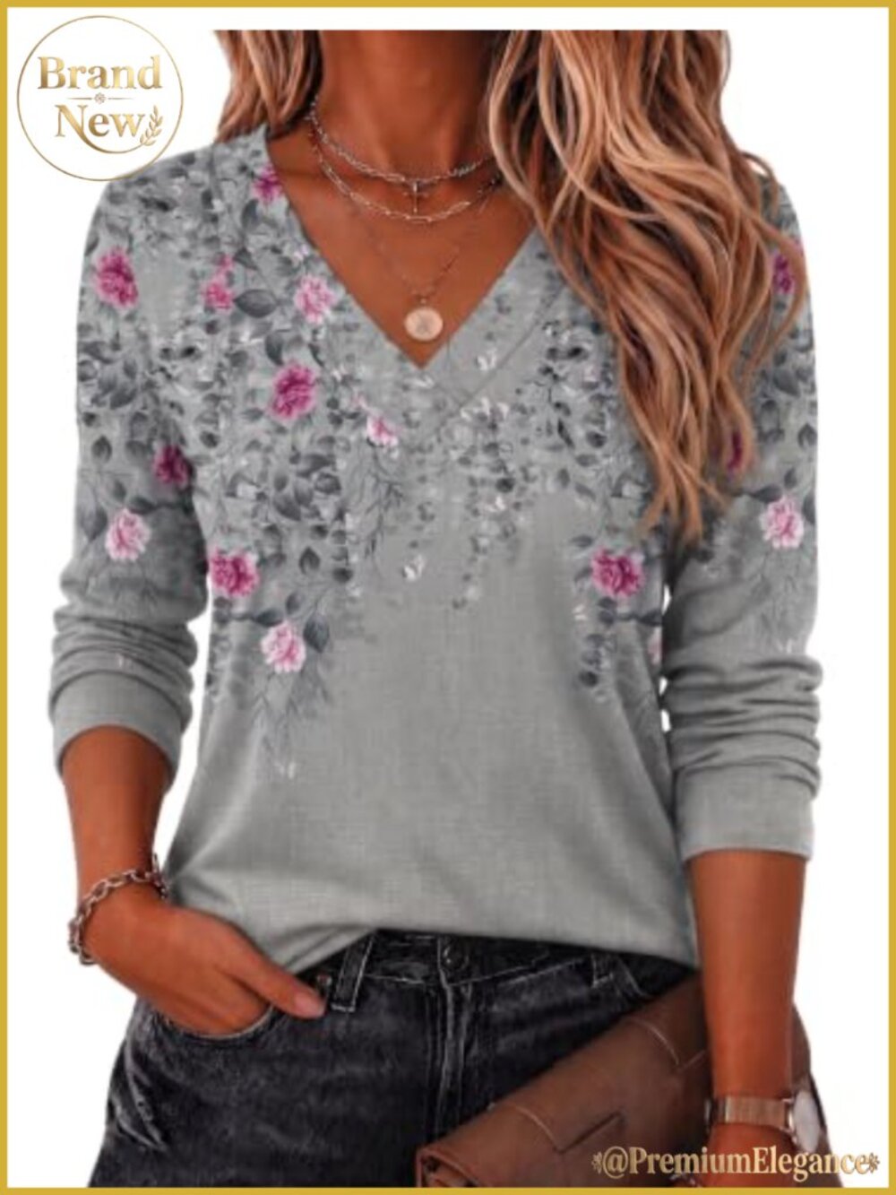 Women's V-Neck Long Sleeve T-Shirt Floral Print Loose Fit Casual Work Blouse